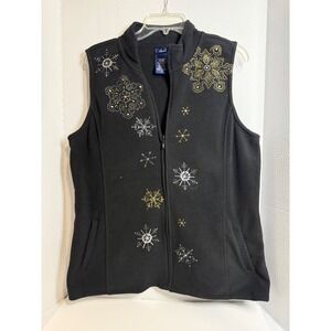 Basic Editions Womens Fleece Vest Black Snowflake Embroidered Zip Up Large L